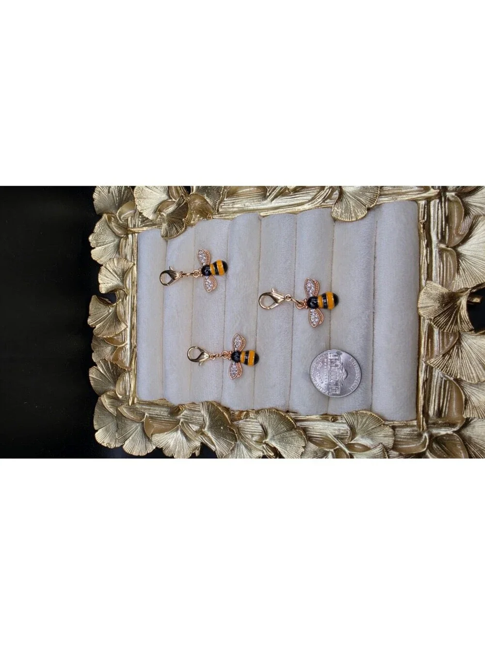 Three Gold Tone Bee Charms with Rhinestone Wings